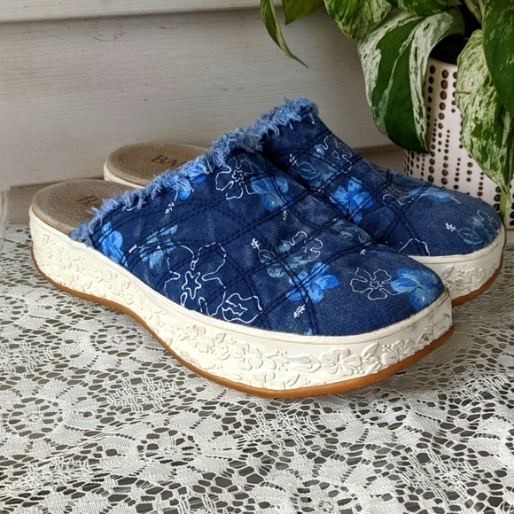 Y2K 90s Vintage Floral Distressed Chunky Platform Mules Clog Sandals Blue Size 8 - Picture 5 of 8